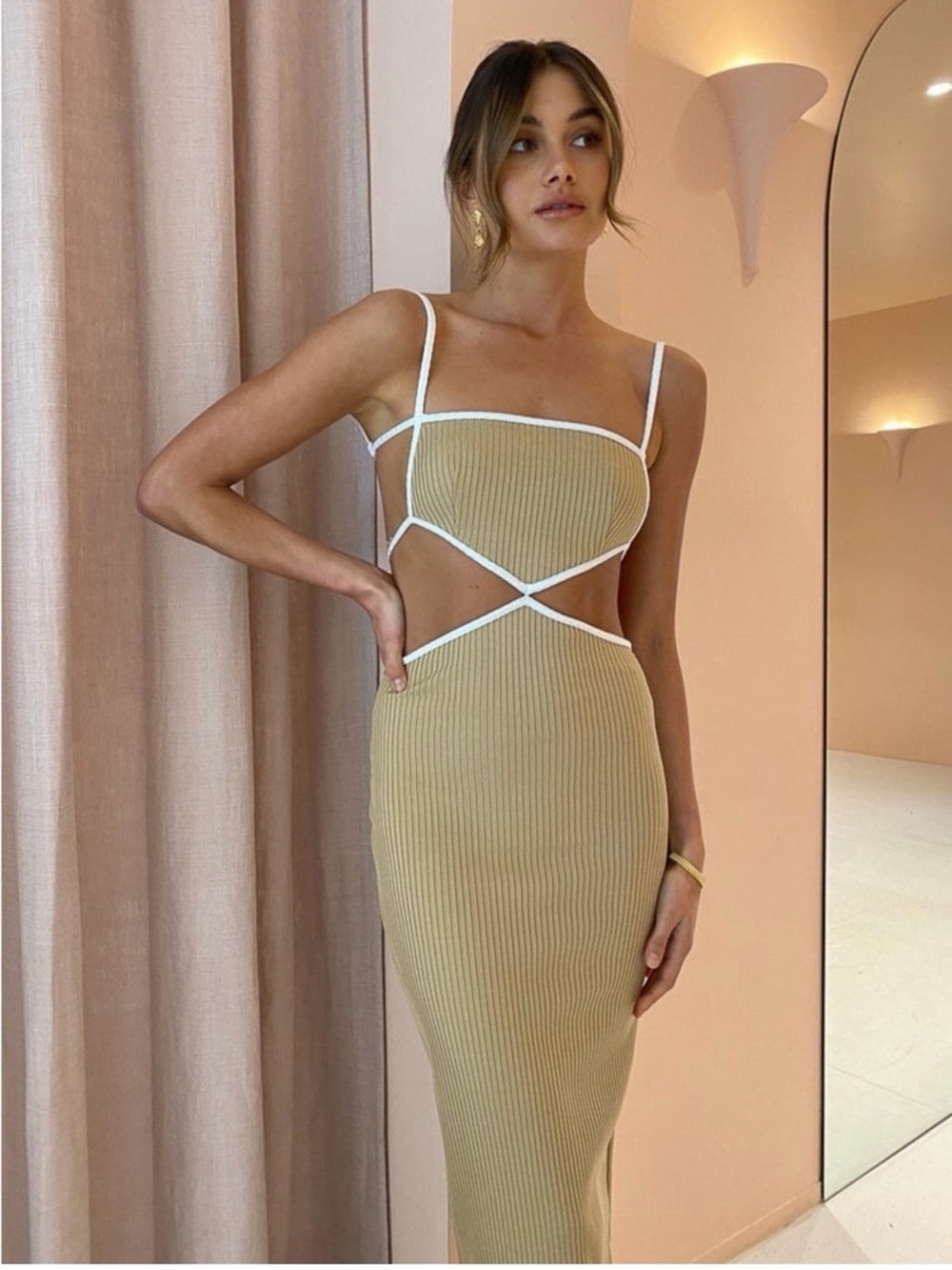 Bec & Bridge Tan Ribbed Cutout Midi Dress with White Trim